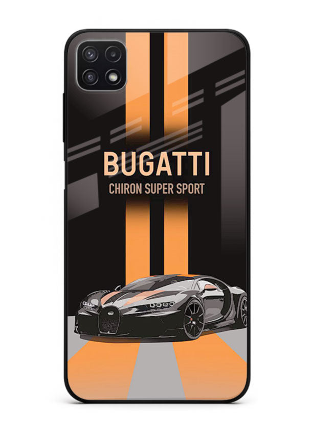 Bugatti hypercar with dual racing stripes in bold luxury design layout for Samsung F42 5G