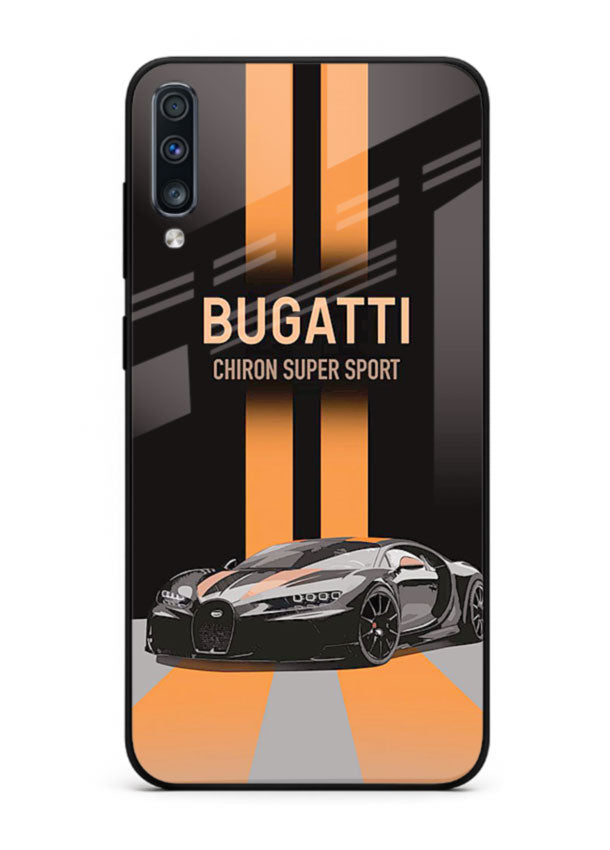 Bugatti hypercar with dual racing stripes in bold luxury design layout for Samsung A70
