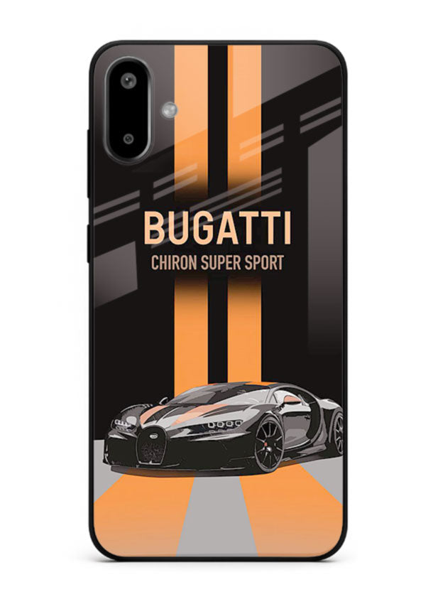 Bugatti hypercar with dual racing stripes in bold luxury design layout for Samsung F06 5G
