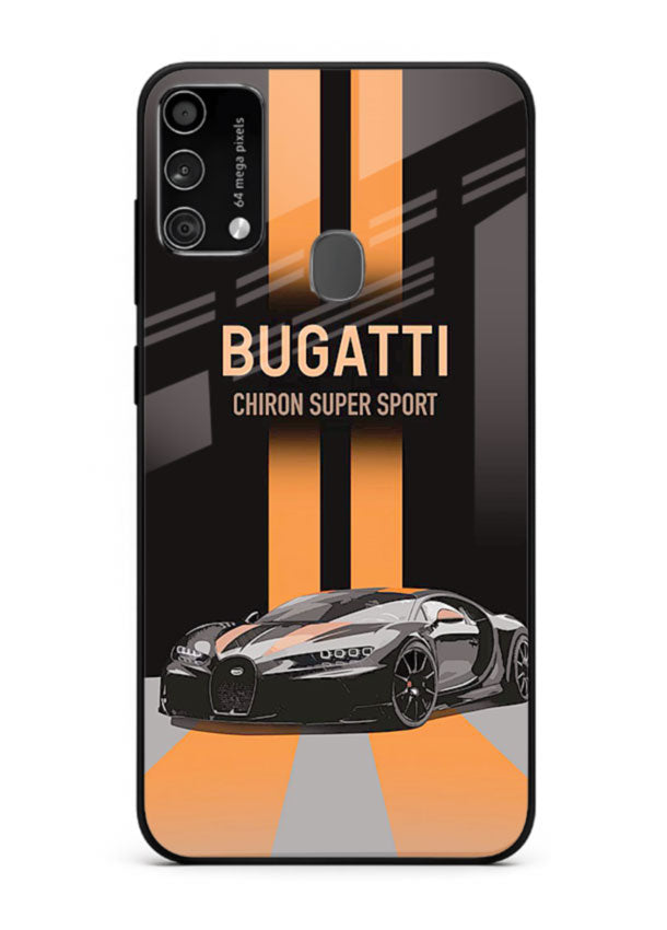 Bugatti hypercar with dual racing stripes in bold luxury design layout for Samsung F41