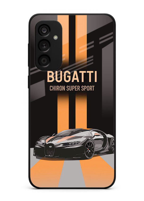Bugatti hypercar with dual racing stripes in bold luxury design layout for Samsung M15 5G
