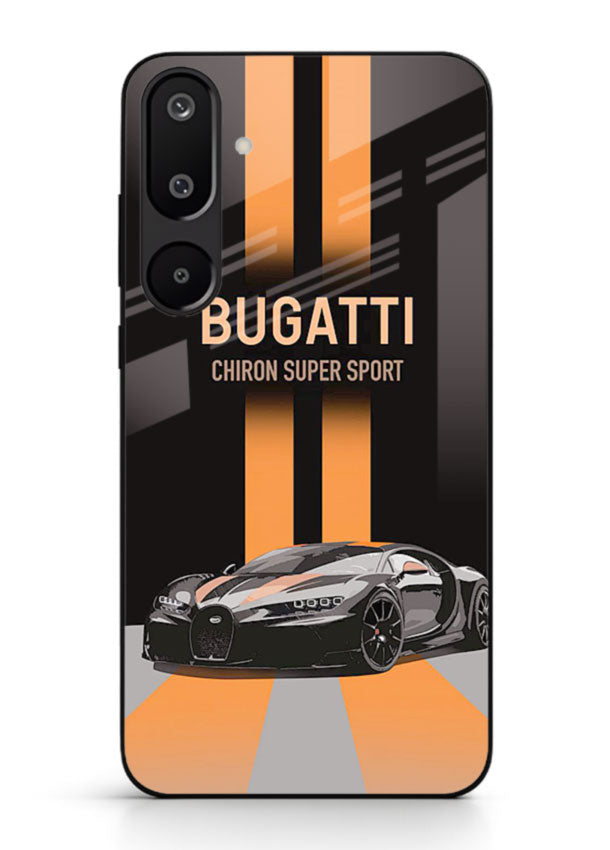 Bugatti hypercar with dual racing stripes in bold luxury design layout for Samsung M16 5G