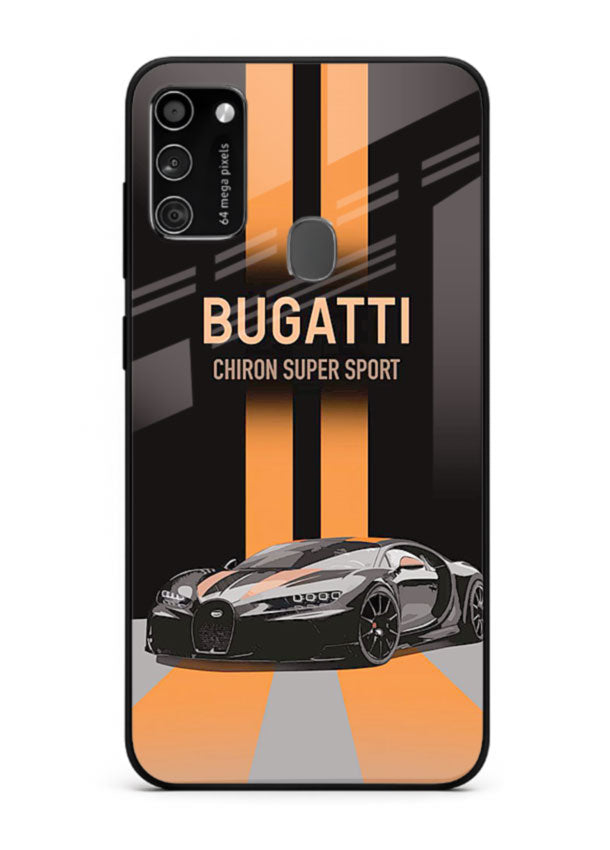 Bugatti hypercar with dual racing stripes in bold luxury design layout for Samsung M30s