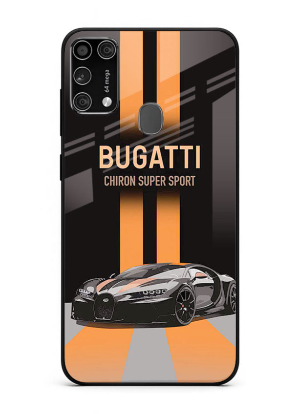 Bugatti hypercar with dual racing stripes in bold luxury design layout for Samsung M31