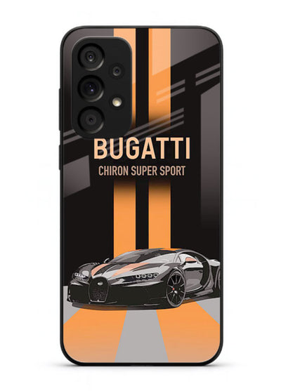 Bugatti hypercar with dual racing stripes in bold luxury design layout for Samsung M32 5G