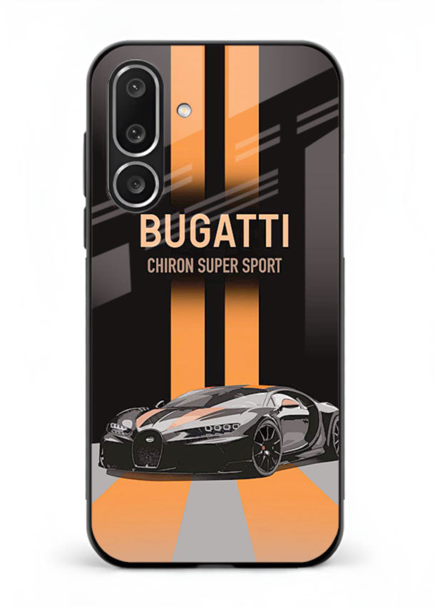 Bugatti hypercar with dual racing stripes in bold luxury design layout for Samsung M56 5G