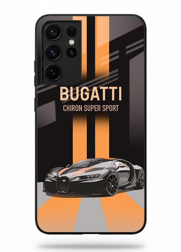 Bugatti hypercar with dual racing stripes in bold luxury design layout for Samsung S21 Ultra