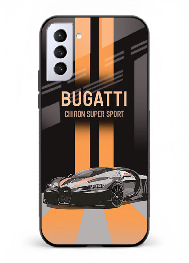 Bugatti hypercar with dual racing stripes in bold luxury design layout for Samsung S22