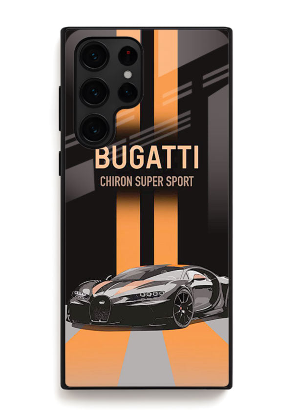 Bugatti hypercar with dual racing stripes in bold luxury design layout for Samsung S25 Ultra
