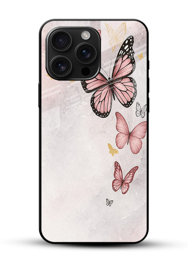 Chalk butterfly artwork on glossy vibrant premium glass back cover with playful hand-drawn look. - Angle Front