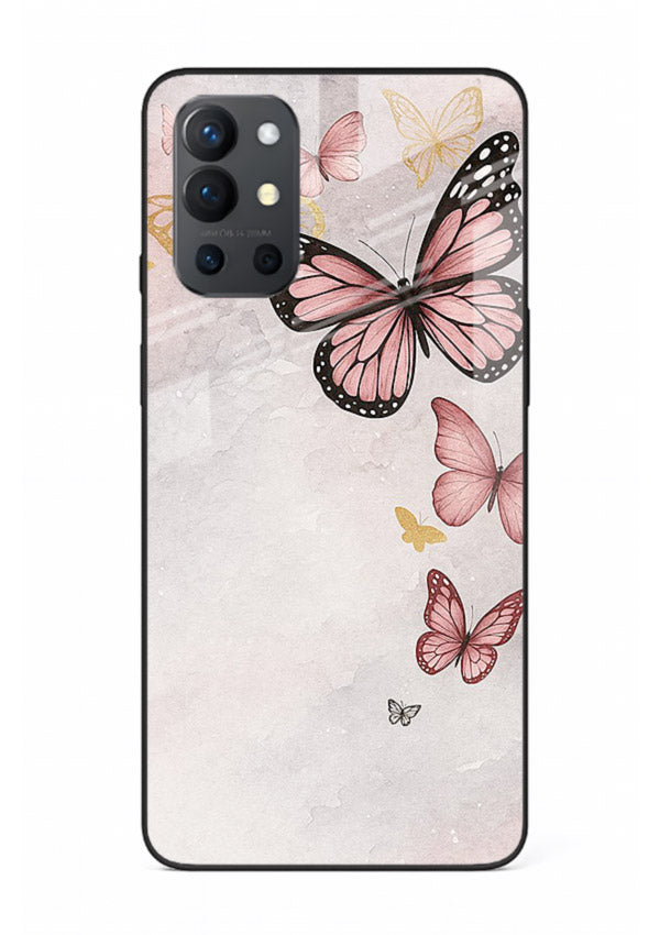 Chalk butterfly artwork on OnePlus 9R glass back cover with playful hand-drawn look.