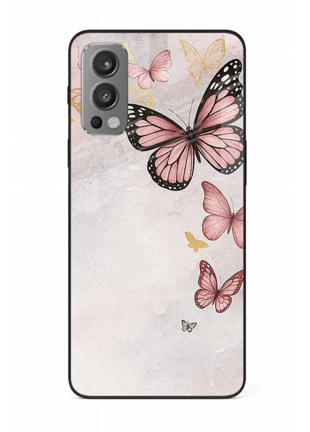 Chalk butterfly artwork on OnePlus Nord 2 glass back cover with playful hand-drawn look.