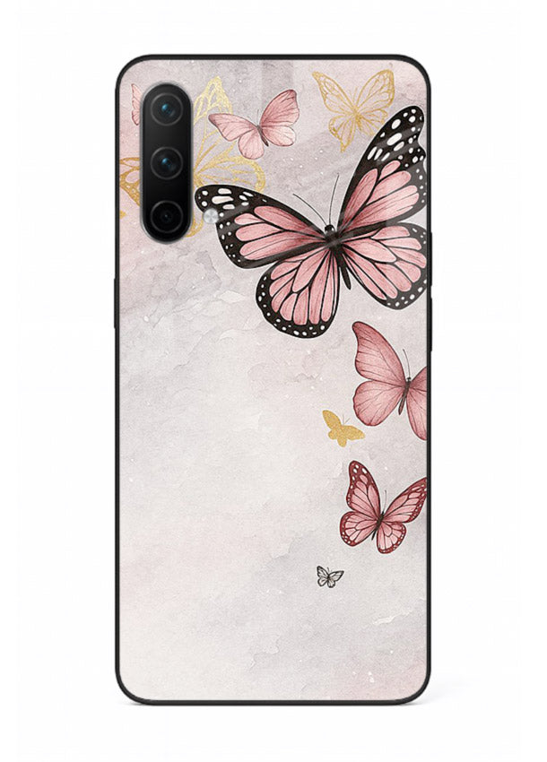 Chalk butterfly artwork on OnePlus Nord CE 5G glass back cover with playful hand-drawn look.