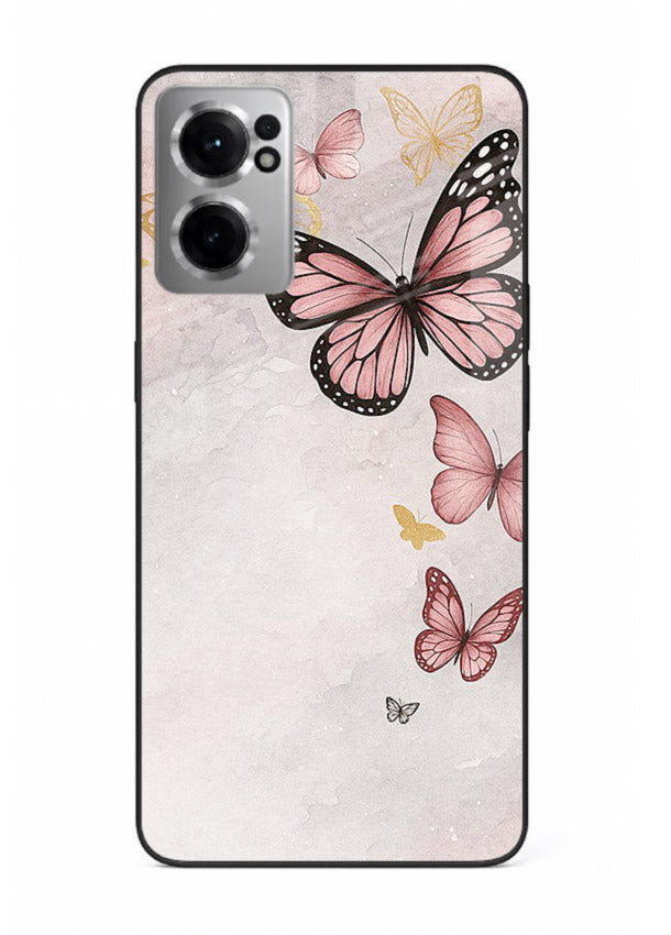 Chalk butterfly artwork on OnePlus Nord CE2 5G glass back cover with playful hand-drawn look.