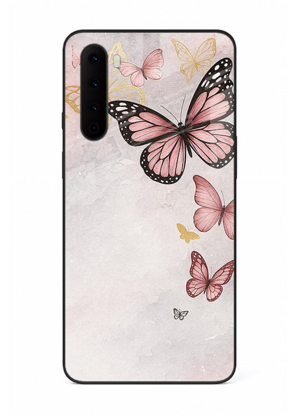 Chalk butterfly artwork on OnePlus Nord glass back cover with playful hand-drawn look.