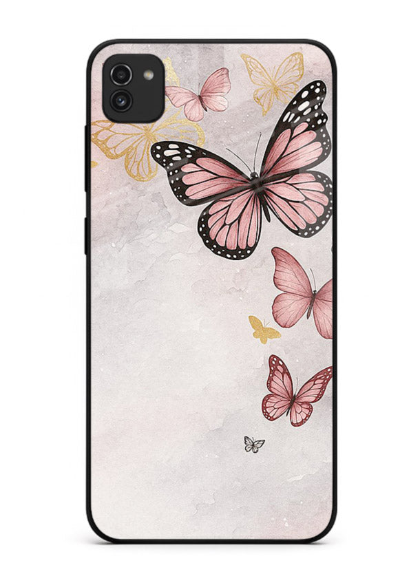 Chalk butterfly artwork on Samsung A03 glass back cover with playful hand-drawn look.