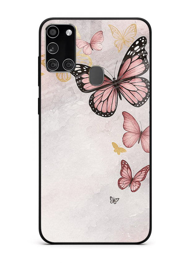 Chalk butterfly artwork on Samsung A21s glass back cover with playful hand-drawn look.