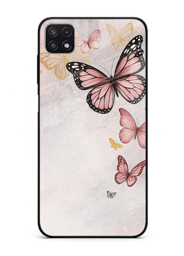 Chalk butterfly artwork on Samsung F42 5G glass back cover with playful hand-drawn look.