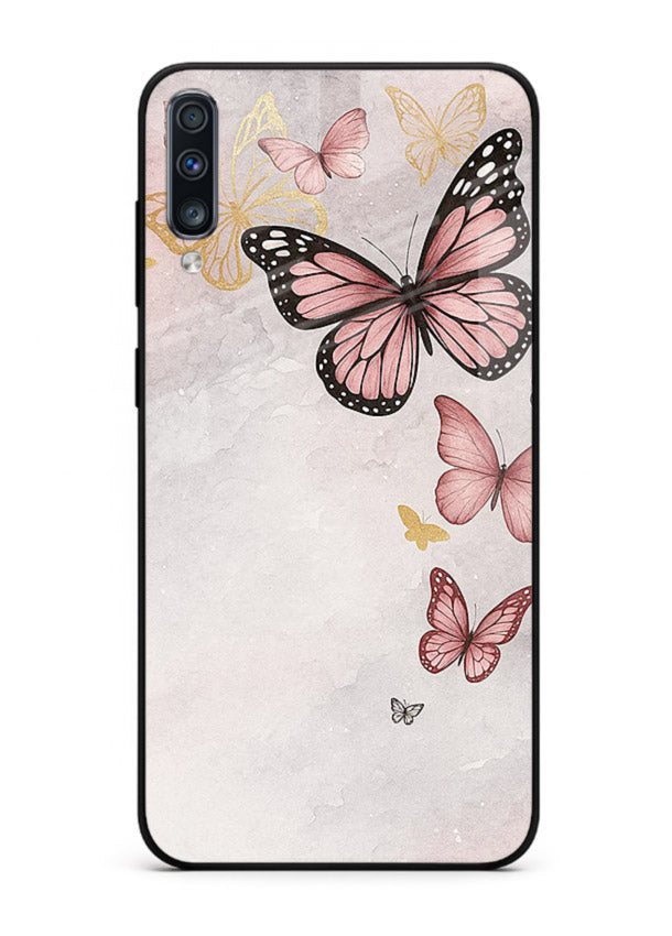 Chalk butterfly artwork on Samsung A50 glass back cover with playful hand-drawn look.