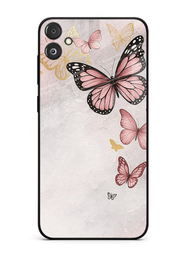 Chalk butterfly artwork on Samsung F05 5G glass back cover with playful hand-drawn look.