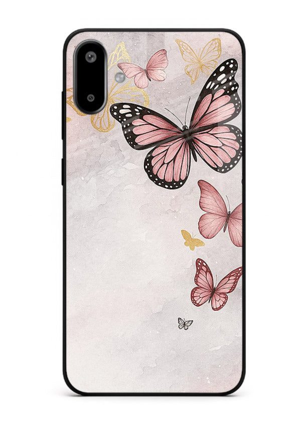 Chalk butterfly artwork on Samsung F06 5G glass back cover with playful hand-drawn look.