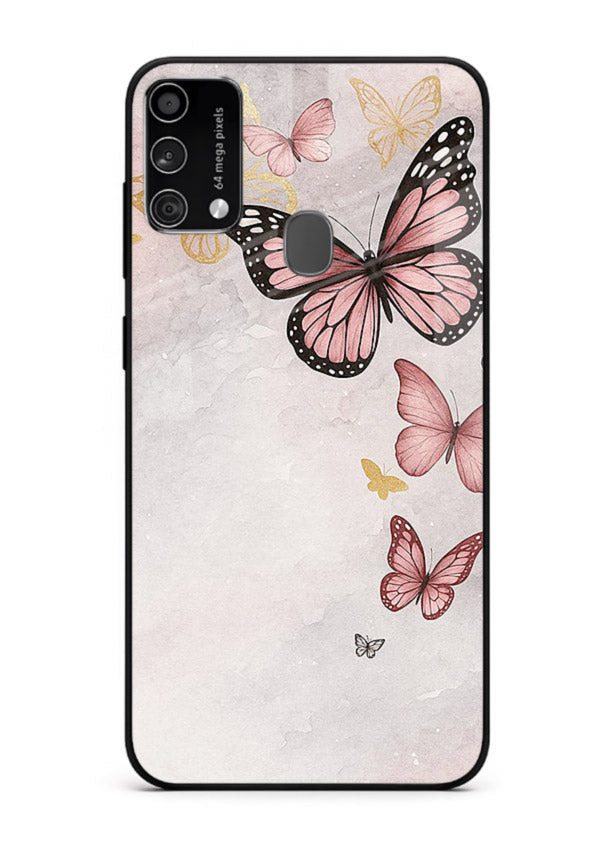 Chalk butterfly artwork on Samsung F41 glass back cover with playful hand-drawn look.