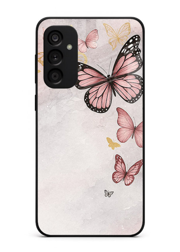 Chalk butterfly artwork on Samsung F34 5G glass back cover with playful hand-drawn look.