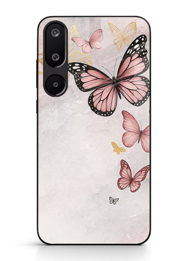 Chalk butterfly artwork on Samsung M16 5G glass back cover with playful hand-drawn look.