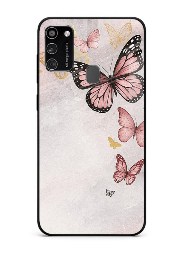 Chalk butterfly artwork on Samsung M30s glass back cover with playful hand-drawn look.