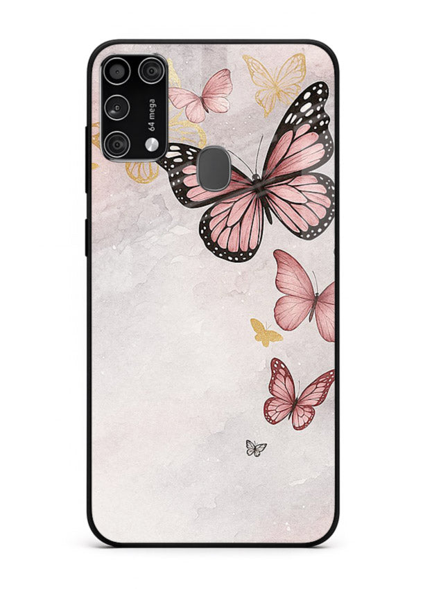 Chalk butterfly artwork on Samsung M31 Prime glass back cover with playful hand-drawn look.