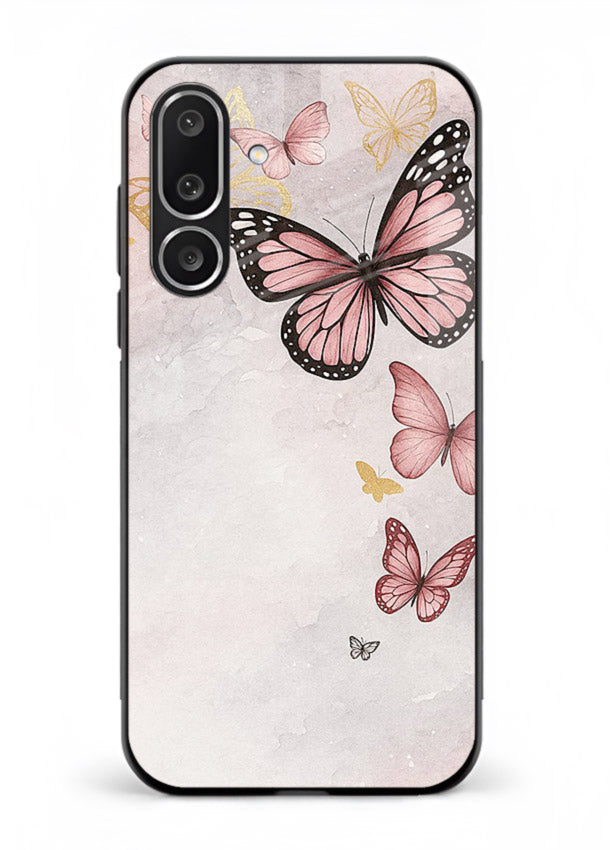 Chalk butterfly artwork on Samsung M56 5G glass back cover with playful hand-drawn look.