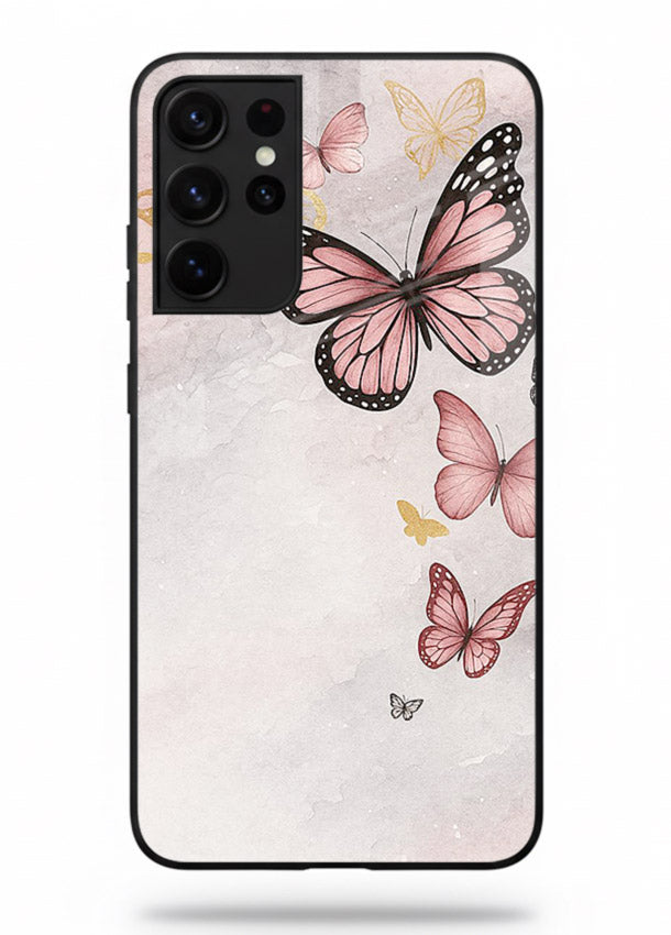 Chalk butterfly artwork on Samsung S21 Ultra glass back cover with playful hand-drawn look.