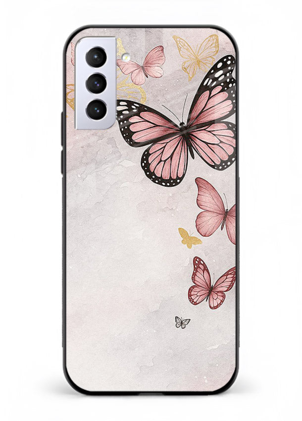 Chalk butterfly artwork on Samsung S21 Plus glass back cover with playful hand-drawn look.