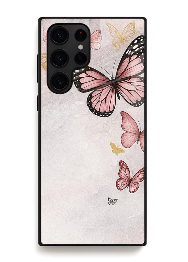 Chalk butterfly artwork on Samsung S22 Ultra glass back cover with playful hand-drawn look.