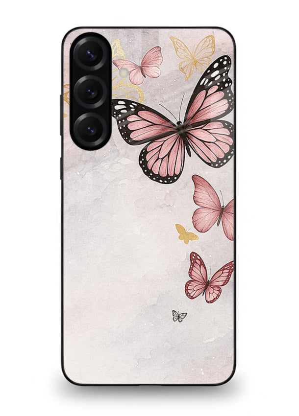 Chalk butterfly artwork on Samsung A36 5G glass back cover with playful hand-drawn look.