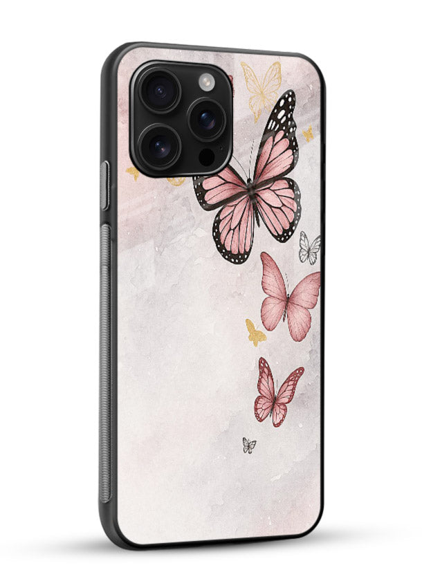 Chalk butterfly artwork on glossy vibrant premium glass back cover with playful hand-drawn look. - Angle Side