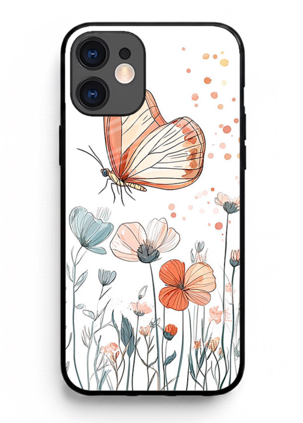 Hand-drawn butterfly meadow artwork on iphone 11 glass back cover with soft botanical illustration.
