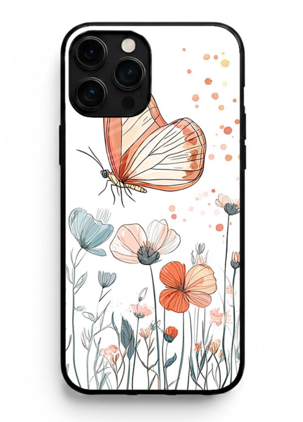 Hand-drawn butterfly meadow artwork on iphone 15 pro max glass back cover with soft botanical illustration.