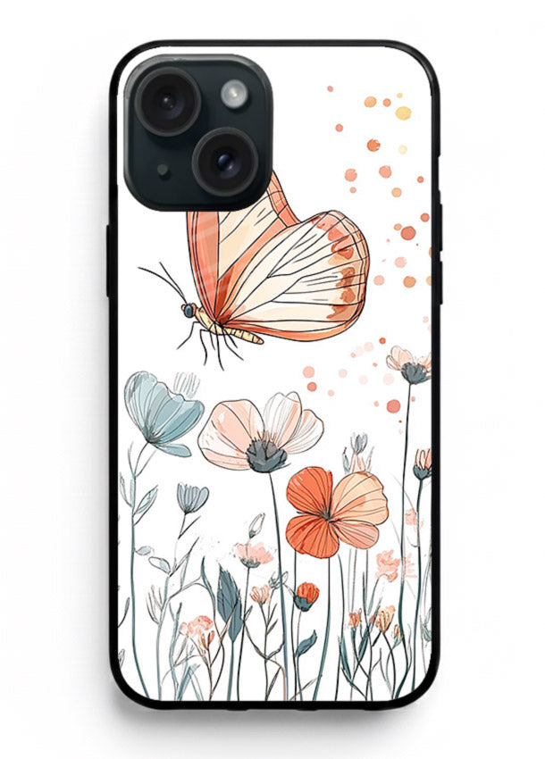 Hand-drawn butterfly meadow artwork on iphone 15 plus glass back cover with soft botanical illustration.