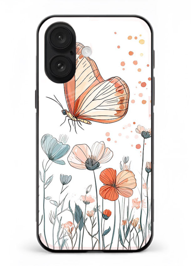 Hand-drawn butterfly meadow artwork on iphone 16 plus glass back cover with soft botanical illustration.