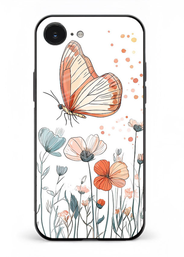 Hand-drawn butterfly meadow artwork on iphone 16e glass back cover with soft botanical illustration.