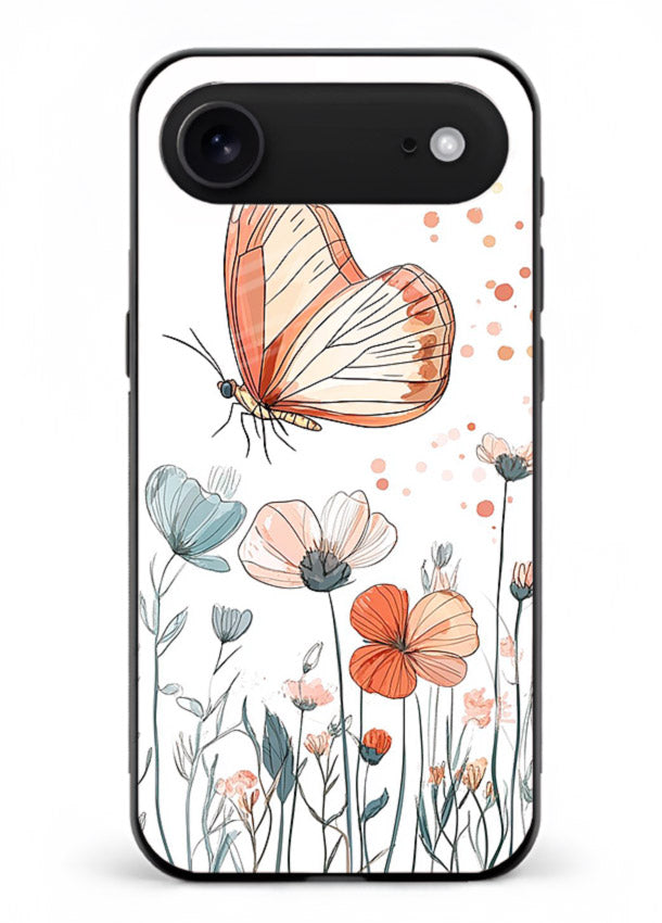 Hand-drawn butterfly meadow artwork on iphone 18 air glass back cover with soft botanical illustration.