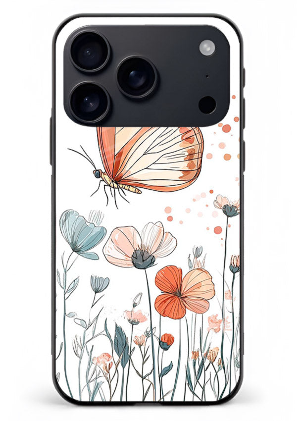 Hand-drawn butterfly meadow artwork on iphone 18 pro max glass back cover with soft botanical illustration.
