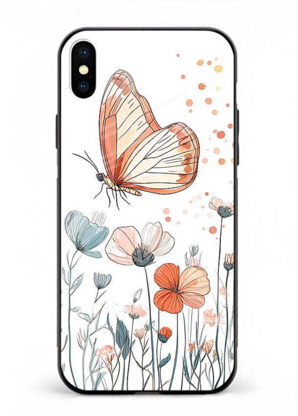 Hand-drawn butterfly meadow artwork on iphone xs max glass back cover with soft botanical illustration.