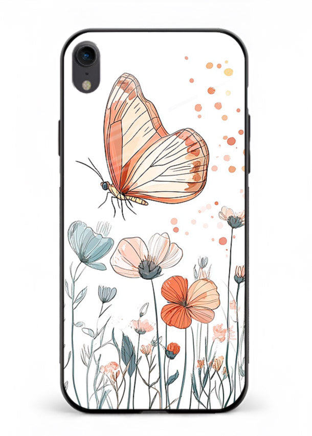 Hand-drawn butterfly meadow artwork on iphone xr glass back cover with soft botanical illustration.