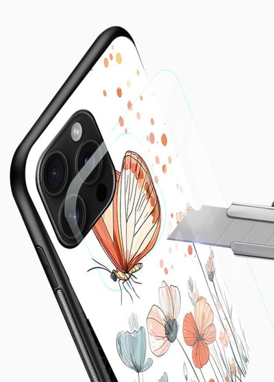 Hand-drawn butterfly meadow artwork on glossy vibrant premium glass back cover with soft botanical illustration. - Angle Blade