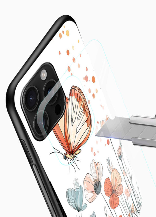 Hand-drawn butterfly meadow artwork on glossy vibrant premium glass back cover with soft botanical illustration. - Angle Blade