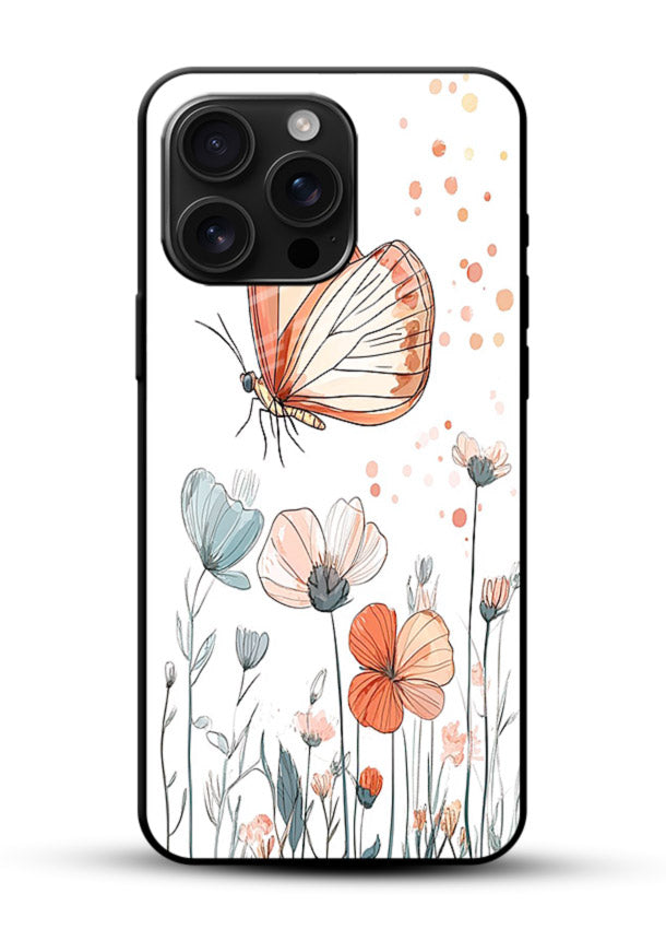 Hand-drawn butterfly meadow artwork on glossy vibrant premium glass back cover with soft botanical illustration. - Angle Front