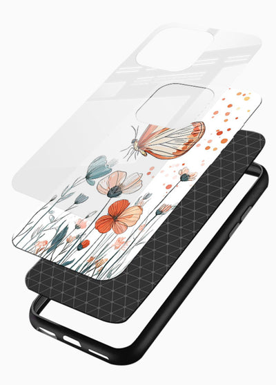 Hand-drawn butterfly meadow artwork on glossy vibrant premium glass back cover with soft botanical illustration. - Angle Layers