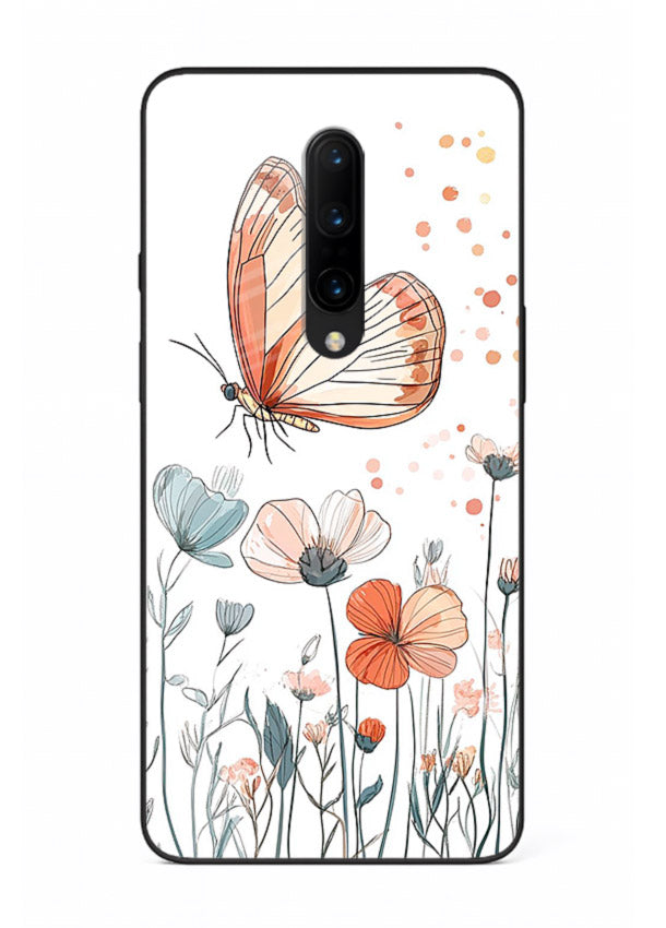 Hand-drawn butterfly meadow artwork on OnePlus 7 Pro glass back cover with soft botanical illustration.
